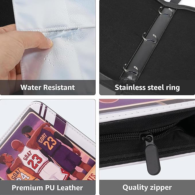 HBK Basketball Card Binder 400 Pockets, PU Leather with 50 Sleeves, 4 Pocket Trading Card Binder for Basketball Cards, Sports Card Collector Album with Zipper for Boys Girls
