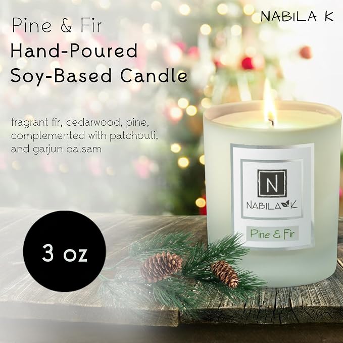 Nabila K – Pine & Fir - Soy-Based Candle – Fragrant Fir, Cedarwood, Pine, Patchouli, Garjun Balsam - Hand-Poured - Cotton Wick - Aromatherapy Candle w/Essential Oils - Made in USA - 3 oz