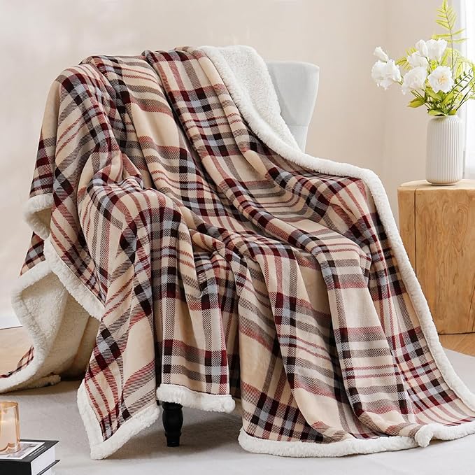 PU MEI Sherpa Fleece Throw Blanket 80" x 90" Reversible Plush Fluffy Large Big Blanket Lattice Flannel Blankets for All Season Use, Beige Stripe