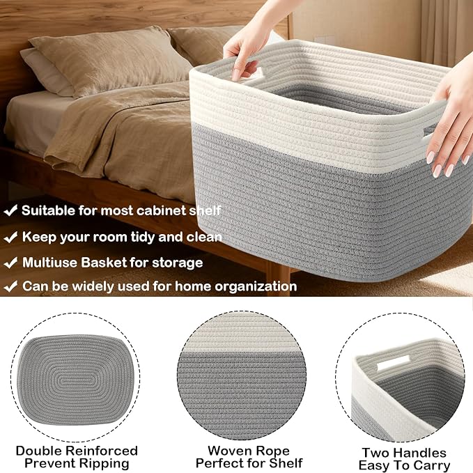 3 Pack Woven Baskets,Storage Baskets for Shelves with Handles | 13.5"×11"×9.5", Closet Baskets, Nursery Organizer for Toys Towels Books, Storage Bin for Living Room Bedroom (White & Grey)