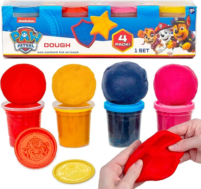 Paw Patrol Dough, 4-Pack of Sensory Dough, Resealable Storage Containers with Character Impression Molded Lids, Paw Patrol Toys, Goodie Bags Stuffers for Kids, Kids Party Favors, Arts & Crafts