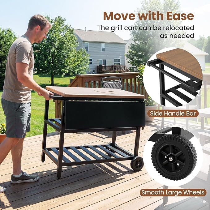 HAPPYGRILL Outdoor Grill Cart with Foldable Side Panel, 2 Storage Shelves | Movable Food Prep Table with Korean BBQ Charcoal Grill, Outside Pizza Oven Table for Patio Backyard Cooking BBQ