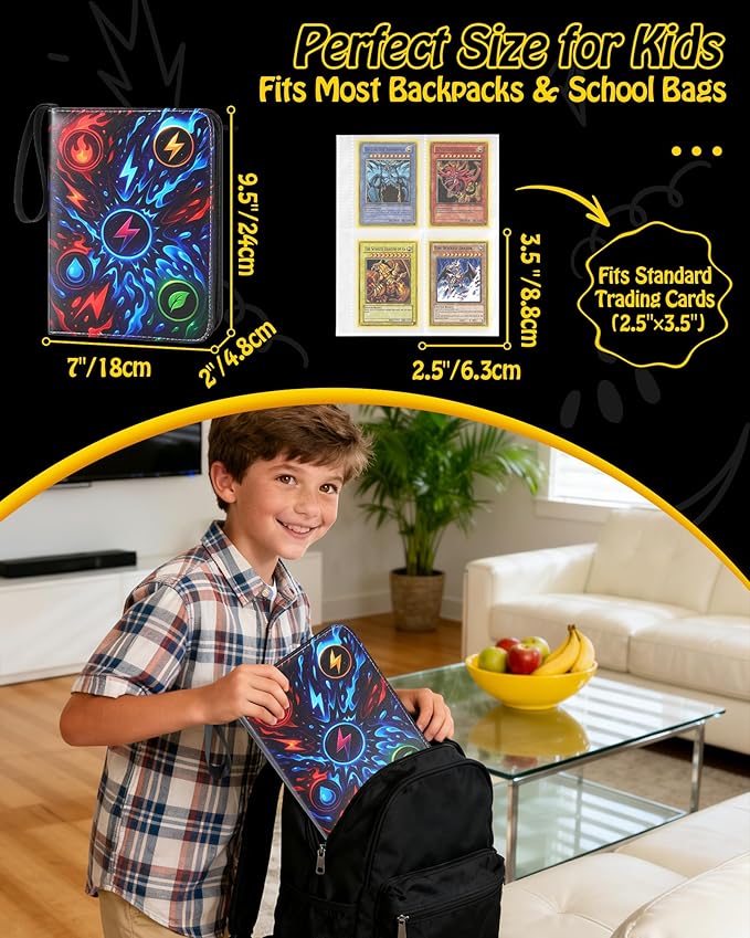 Trading Card Binder, 4-Pocket, Holds 480 Cards, 120 Pages Side-Loading Card Album, PU Leather, Acid-Free Archival Sleeves, Durable Organizer for MTG, TCG & Sports Cards, Gift for Kids, Boys and Girls