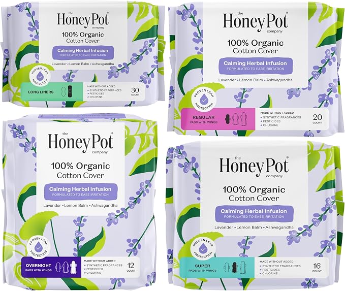 Honey Pot - Calming Herbal Bundle - Sanitary Pads for Women - 100% Organic Cotton - Feminine Care - Non Cooling - Calming Herbs of Lavender, Ashwagandha, & Lemon Balm