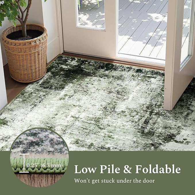 Rugflix 5x7 Area Rugs for Living Room, Washable Dark Green Large Rug | Machine Washable; Stain-Resistant; Low Pile; Non-Slip; Modern Abstract; Carpet for Bedroom Dining Office Nursery Home