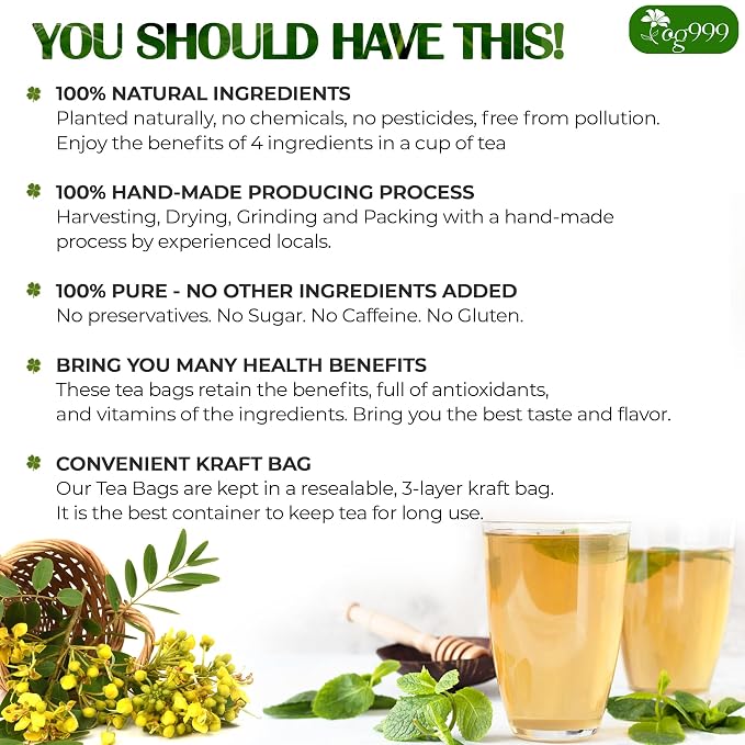 TOG999, 100 Tea Bags, Blend of Senna Leaves - Peppermint - Licorice - Fennel, 100% Natural Ingrendients, Hand-made Herbal Tea, Relieves Constipation Naturally Tea, No Sugar, No Caffeine, No Gluten, Vegan.