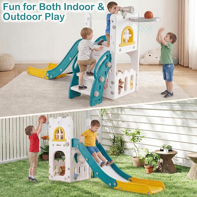 OLAKIDS Toddler Slide, 6 in 1 Kids Indoor Outdoor Playground with Climber Basketball Hoop Telescope Toy Storage for Boys Girls Aged 1+ (Yellow, 27'')
