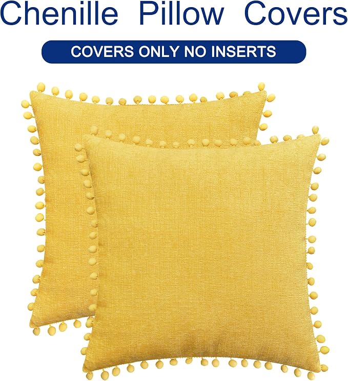 CaliTime Decorative Throw Pillow Covers 18 X 18 Inches Mustard Yellow | Pack of 2, Cozy Chenille Cushion Cases, with Pom Poms for Sofa Bed Living Room Farmhouse Home