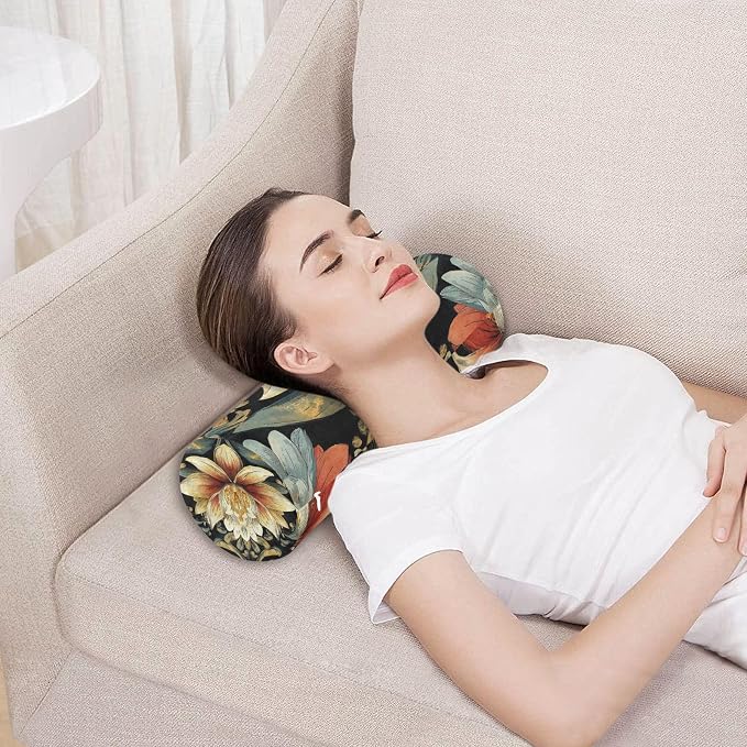 Boho Water Lily Flower Black Neck Roll Pillow Bolster Round Health Memory Foam Long Cervical Cylinder Pillows with Removable Washable Cover for Body Bed Legs Back Yoga