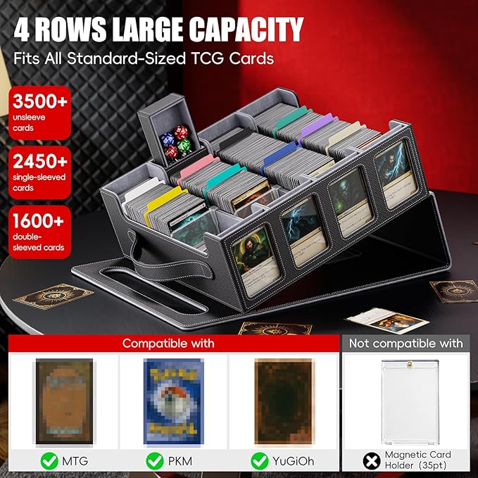Trading Card Storage Box – 3500+ Magnetic MTG Deck Box with Handle,Commander & Toploader Display, Dice Box,4 Dividers & 30 Color Labels – Fits for TCG,MTG,Yu-Gi-Oh and Sport cards