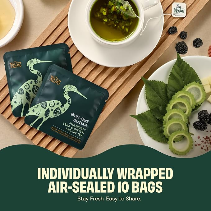 Tea Facto Bye Bye Sugar* Bitter Melon Tea Bags Individually Wrapped - Bitter Gourd and Mulberry Leaf Tea Herbal Blend - Premium Uncaffeinated Botanical Teas for Healthy, Balanced Routine - 10 Count