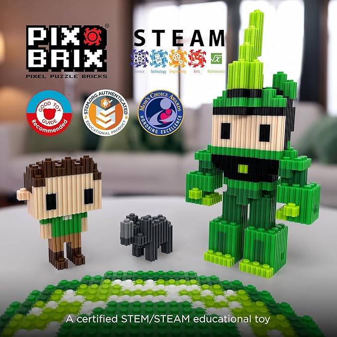 Pix Brix - Wild Kratts Pixel Art Kit - Rhinoceros, 1344 Pieces - Patented Slide + Stack Pixel Puzzle Building Bricks, Build & Collect Wild Kratts Creature Powers - Stem Toys, Ages 6 Plus