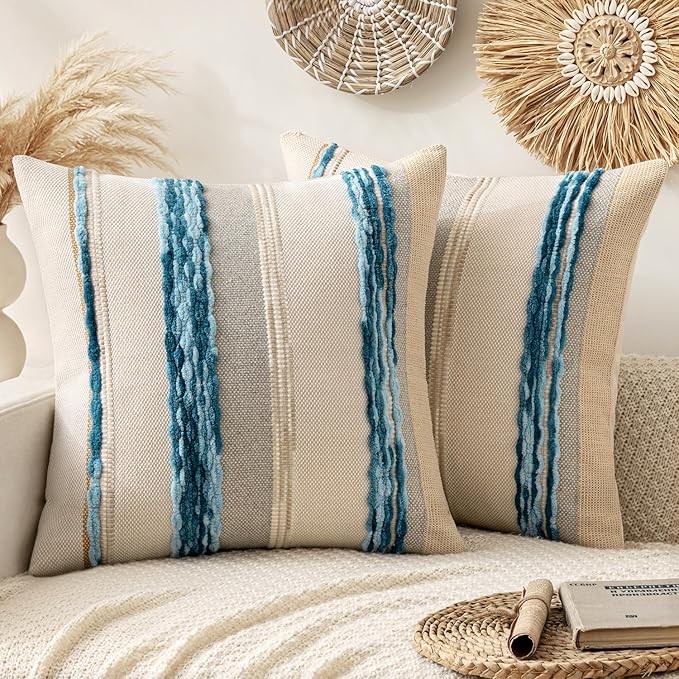 ANRODUO Boho Decorative Pillow Covers 18x18 Pack of 2 Sky Blue Stripe 2 | Throw Pillow Covers, Farmhouse Cushion Case, Chenille Pillow Cases, Pillow Covers, Neutral Pillowcase for Sofa Couch Bed