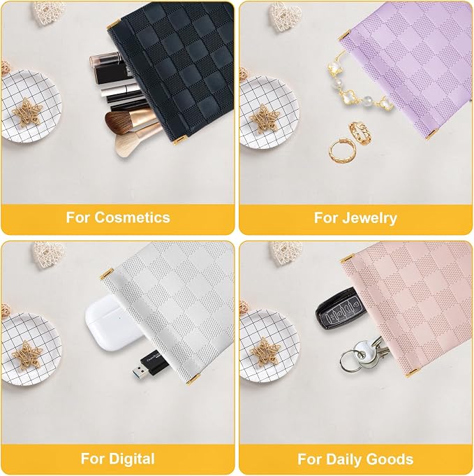 4 PCS Small Makeup Bag for Women, Small Pouches for Purse,Mini Checkered Cosmetic Bag Waterproof Pouch for Travel Storage bag, for Cosmetics Headphones Jewelry Cosmetic Lipstick Coins (4 colors)