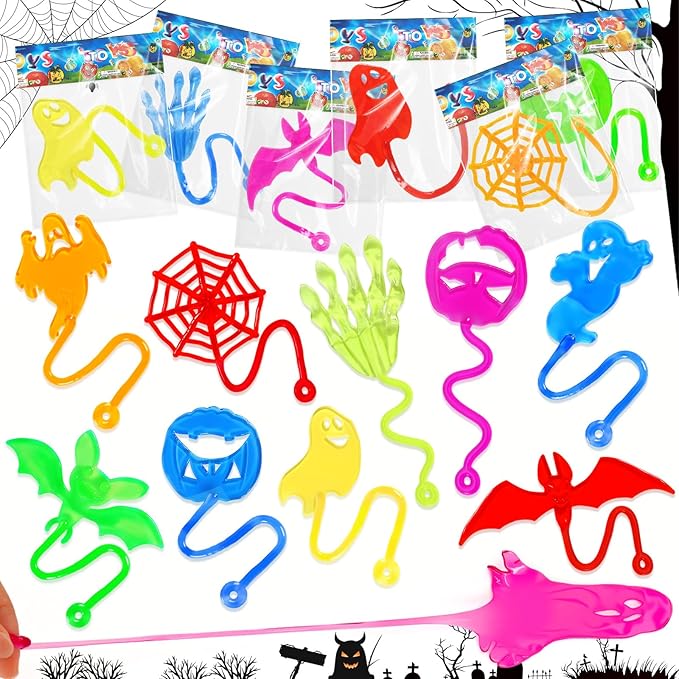 24 PCS Halloween Sticky Hands Party Favors for Kids, Stretchy Spider Sticky Web Ghost Pumpkins Bats Toys for Trick or Treat Halloween Party Gifts, Goodie Bag Stuffers Fillers, Classroom Prizes