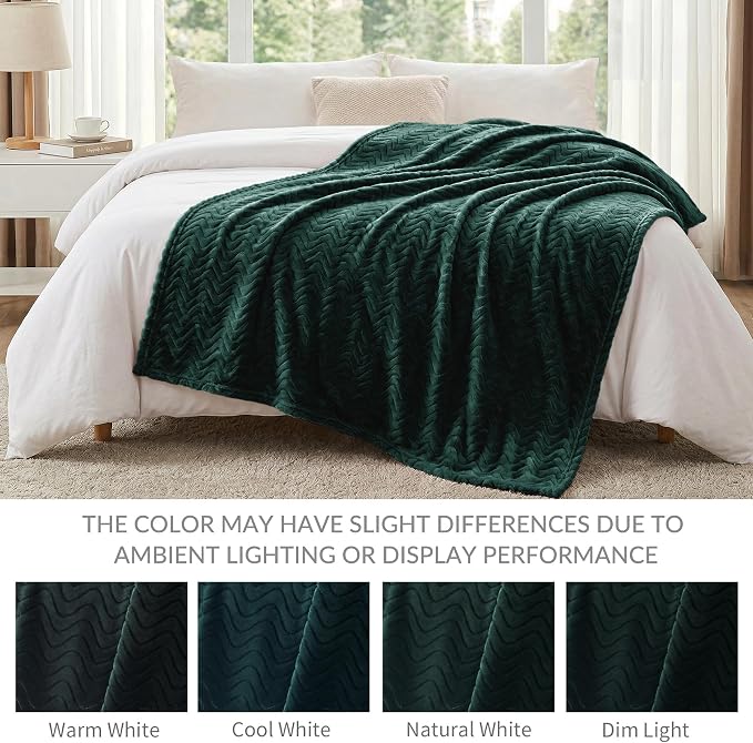 Exclusivo Mezcla Soft Fleece Blanket Queen Size for Bed, Sofa, Forest Green | 90"x90" Breathable Lightweight Flannel Blanket for Summer, Plush Cozy Jacquard Wave for Home Decor