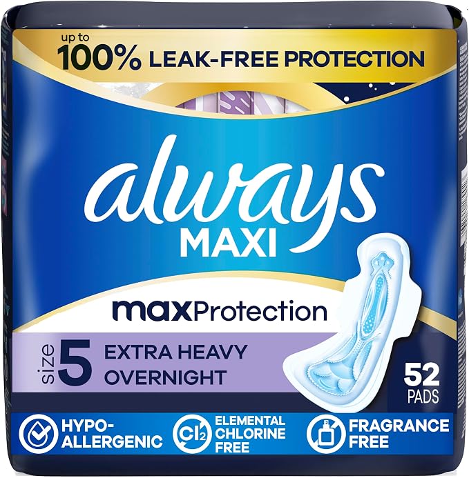 Always Maxi Overnight Feminine Pads with Wings for Women, Size 5, Extra Heavy Overnight Absorbency, Unscented, Up to 100% Leak-Free Protection, 52 Count