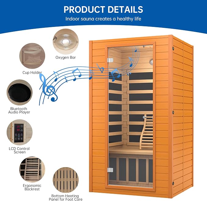 Infrared Sauna for Home, Near Zero EMF Home Saunas for up to 2 Person, Indoor Dry Heat Sauna Room with Infrared Red Light Therapy, Bluetooth Speakers, Canadian Hemlock Wood