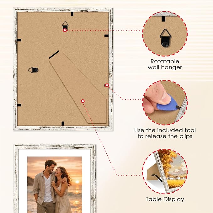 FIXSMITH 8x10 Picture Frame 2 Pack, Distressed White Photo Frame with HD Plexiglass, Display Pictures 5x7 with Mat or 8x10 Without Mat, Distressed White Multi Picture Frames Collage for Tabletop or Wall Display