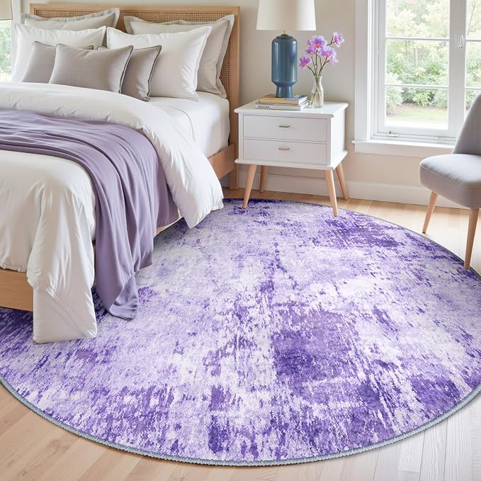 RELEANY Washable Round 8ft Area Rug for Living Room Purple | carpet for bedroom, kitchen, office, hallway and entryway, printed pattern, non-slip, soft, stain-resistant, easy to clean