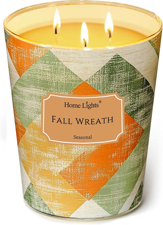 HomeLights Large jar Candle | 3-Wick Long-Lasting Scented Candles, 34oz Natural Soy Wax Candle for Home Scented, Rustic Modern Gifts for Women & Men, Fall Wreath