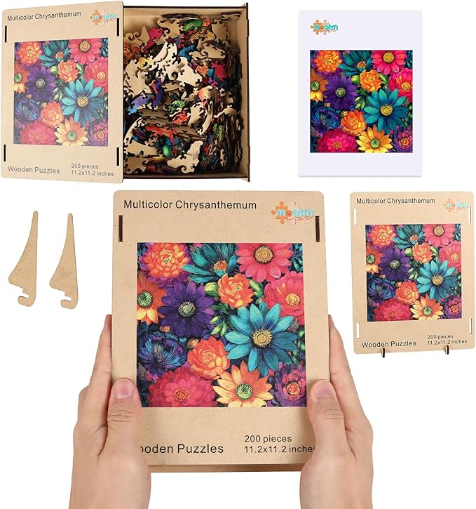 MEATRN Multicolor Chrysanthemum Wooden Puzzles for Adults 200 Pcs, 11.2x11.2 in, Fun Educational Wood Puzzle, Handmade Decorative Gift, Relaxing Wood Puzzle Game for Family