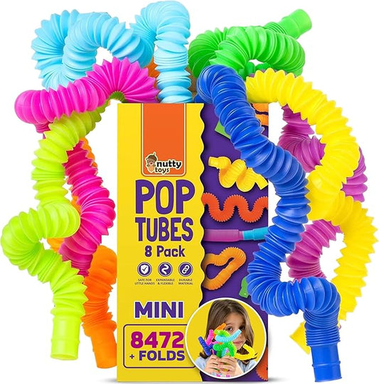 Nutty Toys Mini Pop Tubes - 8-Pack Sensory Toys - Creative STEM Learning for Kids & Toddlers - Connect & Pop! Top ADHD Autism Fidget 2026, Best Boy & Girl Valentines Day and Easter Basket Gifts Idea