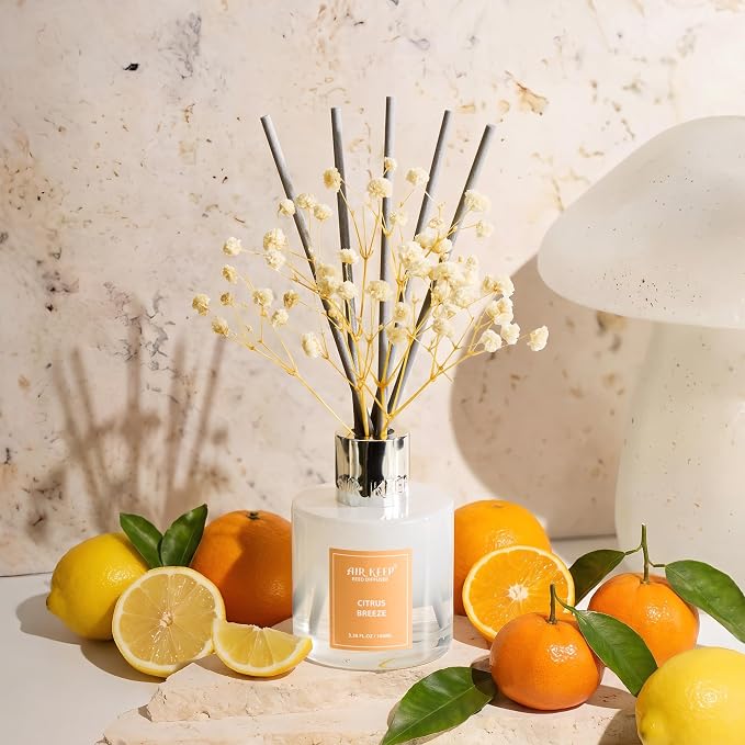 Airkeep Reed Diffuser Set,3.38 fl oz (100 ml) - Citrus Breeze Oil Diffusers with 8 Reed Sticks, Home Fragrance Reed Diffuser for Bathroom Shelf Decor