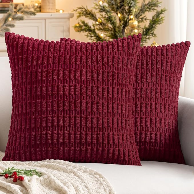 MIULEE Euro Sham Corduroy Decorative Throw Pillow Covers 22x22 Burgundy | Pack of 2 Soft Boho Striped Pillow Covers Modern Farmhouse Home Decor For Sofa Living Room Couch Bed