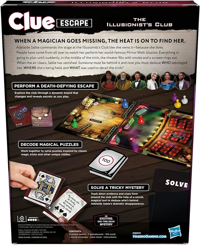 Clue Escape: The Illusionist’s Club Board Game | Escape Room Family Game | 1-Time Solve Mystery | Ages 10+ | 1-6 Players | Difficulty 4 | 90-120 Mins. (Amazon Exclusive)