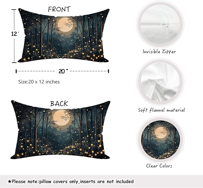 Rustic William Morris Inspired Gold Moon Pillow Covers 20x12,Vintage Black and Gold Forest Moon Botanical Nature Landscape Decorative Throw Pillow Covers for Home Bedroom Living Room