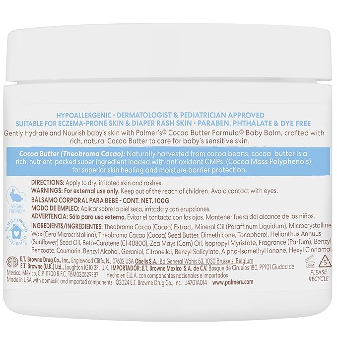 Palmer's Baby Balm, Cocoa Butter Formula Hydrating Baby Cream, 3.5 Oz, Nourishing Dry Skin, Eczema, Cradle Cap & Diaper Rash Cream, Hypoallergenic, 48Hr Moisture, Dermatologist Tested Essentials