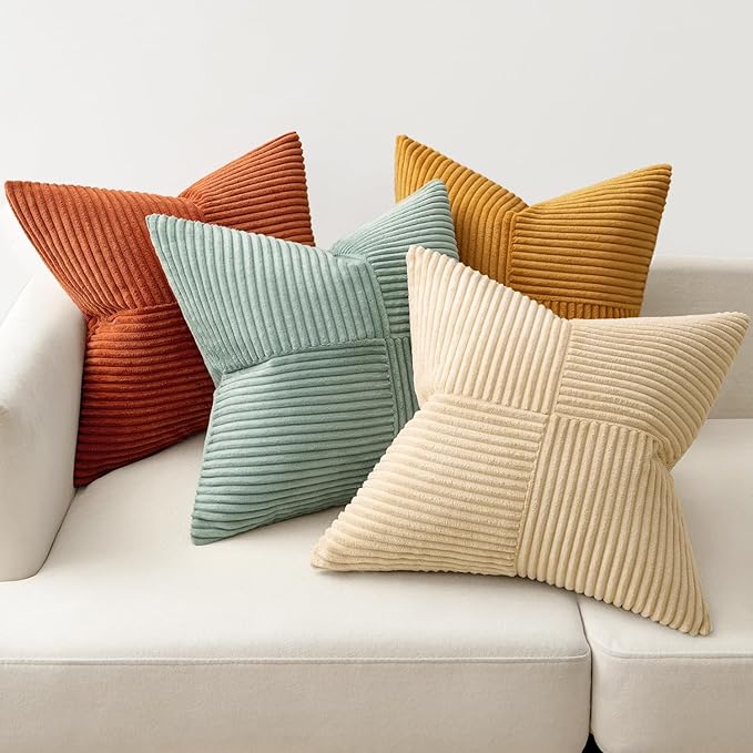 MIULEE Fall Teal-Orange Decorative Throw Pillow Covers 24x24 Inch Set of 4 Boho Corduroy Striped Cushion Cases Modern Farmhouse Patchwork Pillow Cases for Couch Sofa Bedroom Home Decor