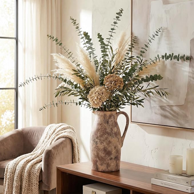 Ceramic Flower Vase with Handles,11" Neutral Tall Clay Terracotta Vases Farmhouse Table Vases with Handle Living Room Decor Rustic Pottery Pots for Home Shelf Coffee Dining Desk Fireplace