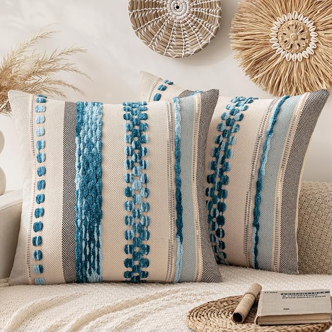 ANRODUO Boho Decorative Pillow Covers 18x18 Sky Blue Stripe 3 Pack of 2 | Throw Pillow Covers, Farmhouse Cushion Case, Chenille Pillow Cases, Pillow Covers, Accent Neutral Pillowcase for Sofa Couch