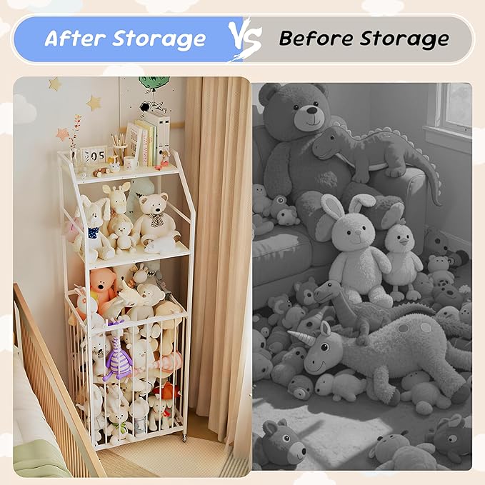 Stuffed Animal Storage Zoo 3 Tier - Large Stuffed Animals Holder Wood and Metal Plush Toy Storage with Brake Wheels Space Saver for Kids Playroom Bedroom Nursery(57.9”H)
