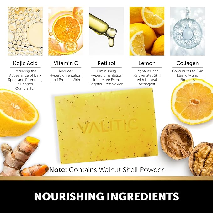 VALITIC Lemon Turmeric Soap for Dark Spots - Kojic Acid Soap for Face and Body - Exfoliating Bar for Brightening, Skin Tone Corrector with Retinol, Vitamin C, Collagen and Hyaluronic Acid - 1 Pack
