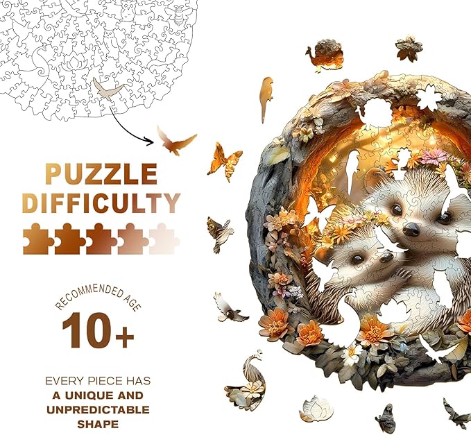 Wooden Puzzles for Adults - Parent-Child Hedgehog Wooden Jigsaw Puzzle, Unique Animal Shaped Wood Puzzles Adult, Christmas Birthday Gifts for Friends/Family, Home Decor 13.4 * 13.4in 290pcs