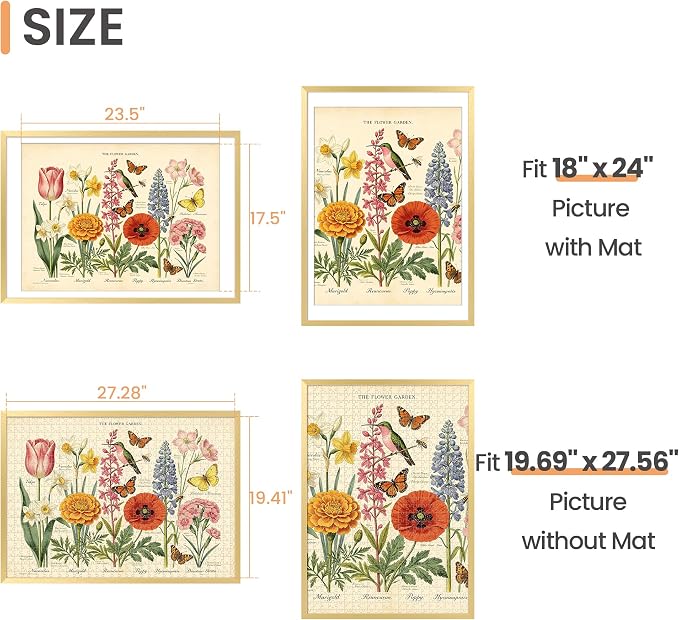upsimples 19.7x27.6 Puzzle Frame, Display 18x24in with Mat or 50x70cm Without, Wall Hanging 1000 Pieces Puzzles Frames, Gold, 1 Pack