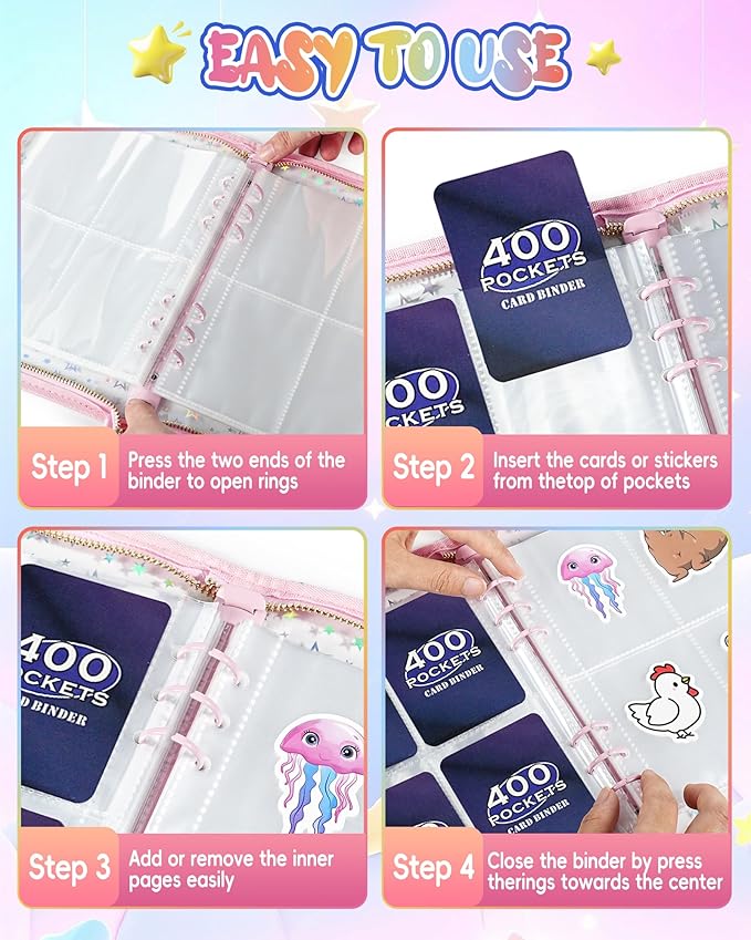 4 Pocket Card Binder for Girls with 20 Stickers, A5 Kpop Photocard Binder, Trading Card Binder for 400 Cards, Card Collection Binder, Sticker Organizer (Pink)
