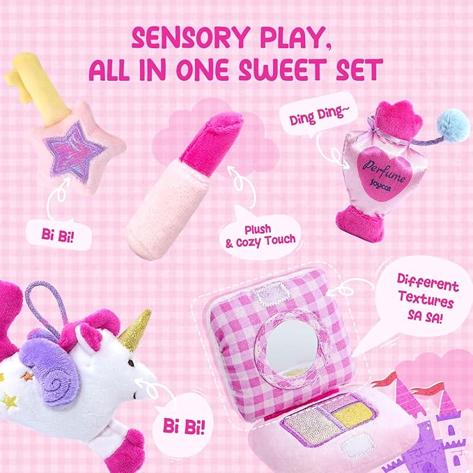 JoyCat Toys for Toddlers 1-3 Girls, My First Purse Baby Girl Unicorn Makeup Bag Set 5 PCS Plush Toy with Perfume, Lipstick, Palette, Star Key - 1 Year Old Girl Gifts, Christmas Stocking Stuffer