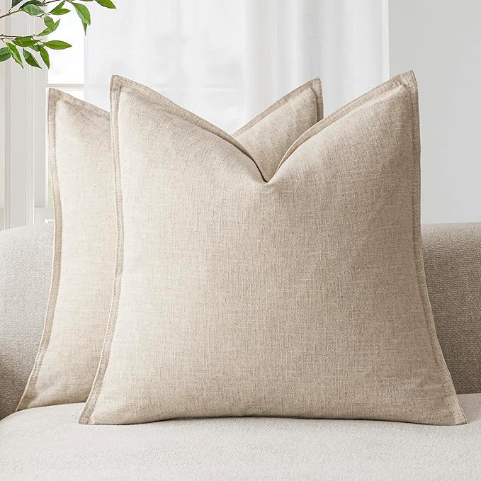 Foindtower Pack of 2, Decorative Linen Solid Throw Pillow Covers Soft Accent Cushion Case Boho Farmhouse Neutral Pillowcase for Couch Sofa Bed Living Room Home Decor 22 x 22 Inch Natural Beige
