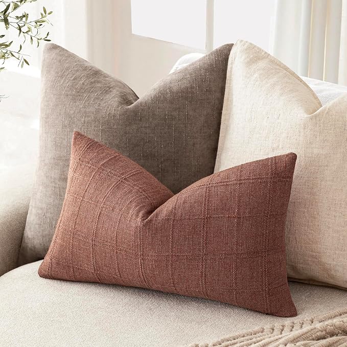 Foindtower Set of 2 Decorative Linen Check Throw Pillow Covers Neutral Farmhouse Lumbar Cushion Covers Modern Boho Home Decor for Sofa Chair Couch Bedroom Living Room,12×24 Inch,Autumnal Red