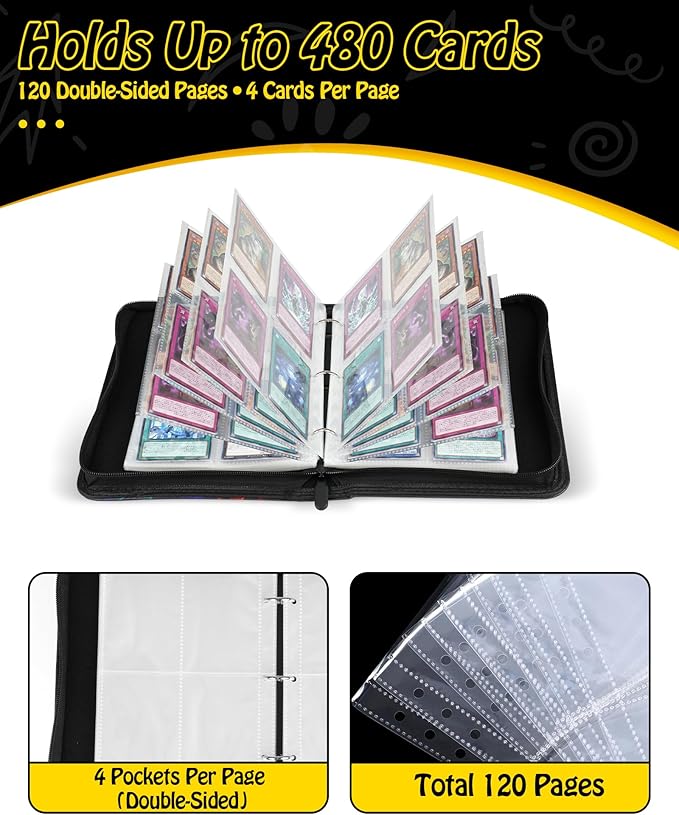 Trading Card Binder, 4-Pocket, Holds 480 Cards, 120 Pages Side-Loading Card Album, PU Leather, Acid-Free Archival Sleeves, Durable Organizer for MTG, TCG & Sports Cards, Gift for Kids, Boys and Girls