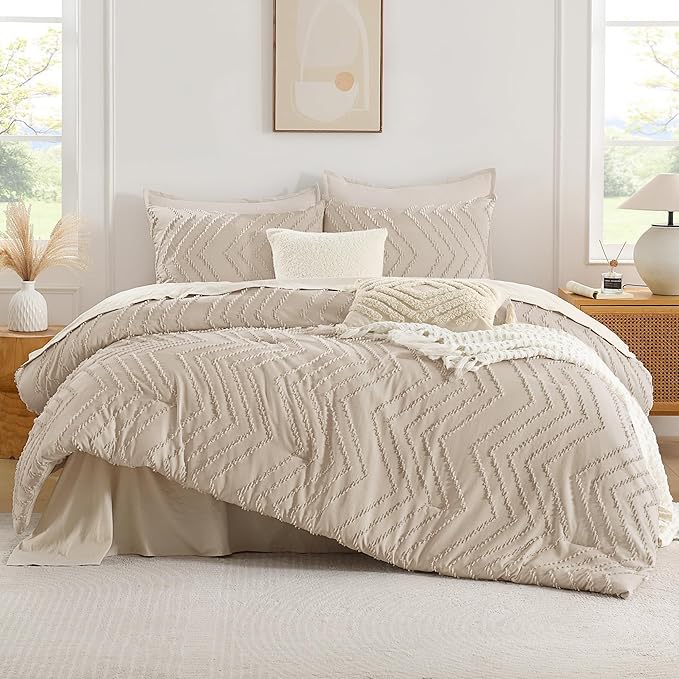 Andency Khaki California King Comforter Set, Boho Cal King Soft Warm Tufted Neutral Bedding Comforter Sets, 3 Pieces Cali King Aesthetic Chevron Farmhouse Cute Bohemian Textured Bedding Set