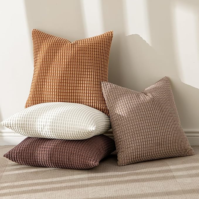 MIULEE Fall Decorative Throw Pillow Covers 20x20 Inch Set of 4 Brown | Modern Natural Rustic Throw Pillows, Warm Neutral Soft Corduroy Pillowcases, Home Decor for Sofa Living Room Bed