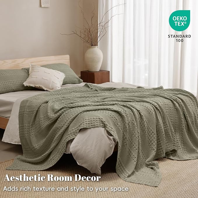 PHF 100% Cotton Waffle Weave Throw Blanket, Lightweight Breathable Summer Blanket for Couch Sofa, Pre-Washed Soft Throws for Bed, Office, Travel & Stylish Home Decor, 50"x60", Pearl Gray