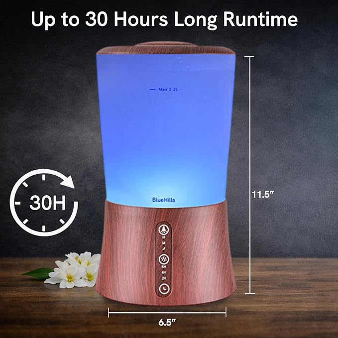 BlueHills Large 2000 ML XL Essential Oil Diffuser Aroma Humidifier 2 Liter Capacity for Big Living Room Home Baby Long Run XL Huge Coverage Area High Mist Timer Large Diffuser Dark Wood Grain 2L S3