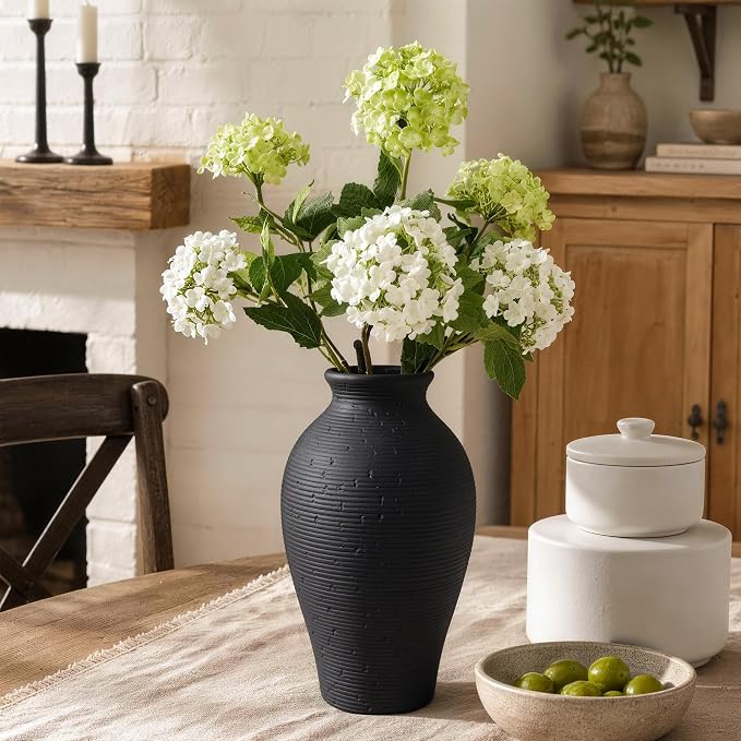 Ceramic Flower Vase Home Decor, 11 in Farmhouse Table Black Vases Rustic Vintage Living Room Kitchen Bedroom Decorations Pottery Decorative Vases for House Shelf Office Coffee Desk Dining Fireplace