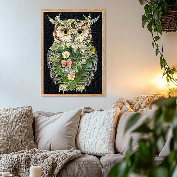 PICKFORU Foliage Owl 1000 Piece Puzzle for Adults, Nature Leaves Flowers Collage Art Jigsaw Puzzles, Plant Animal Puzzle as Wall Decor